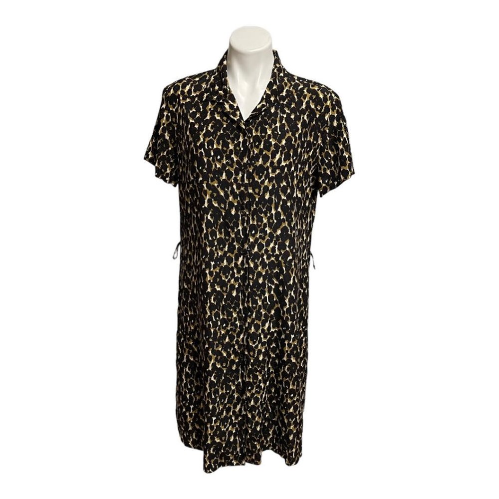 Halston Short Sleeve Button Down Silk Leopard Printed Dress
